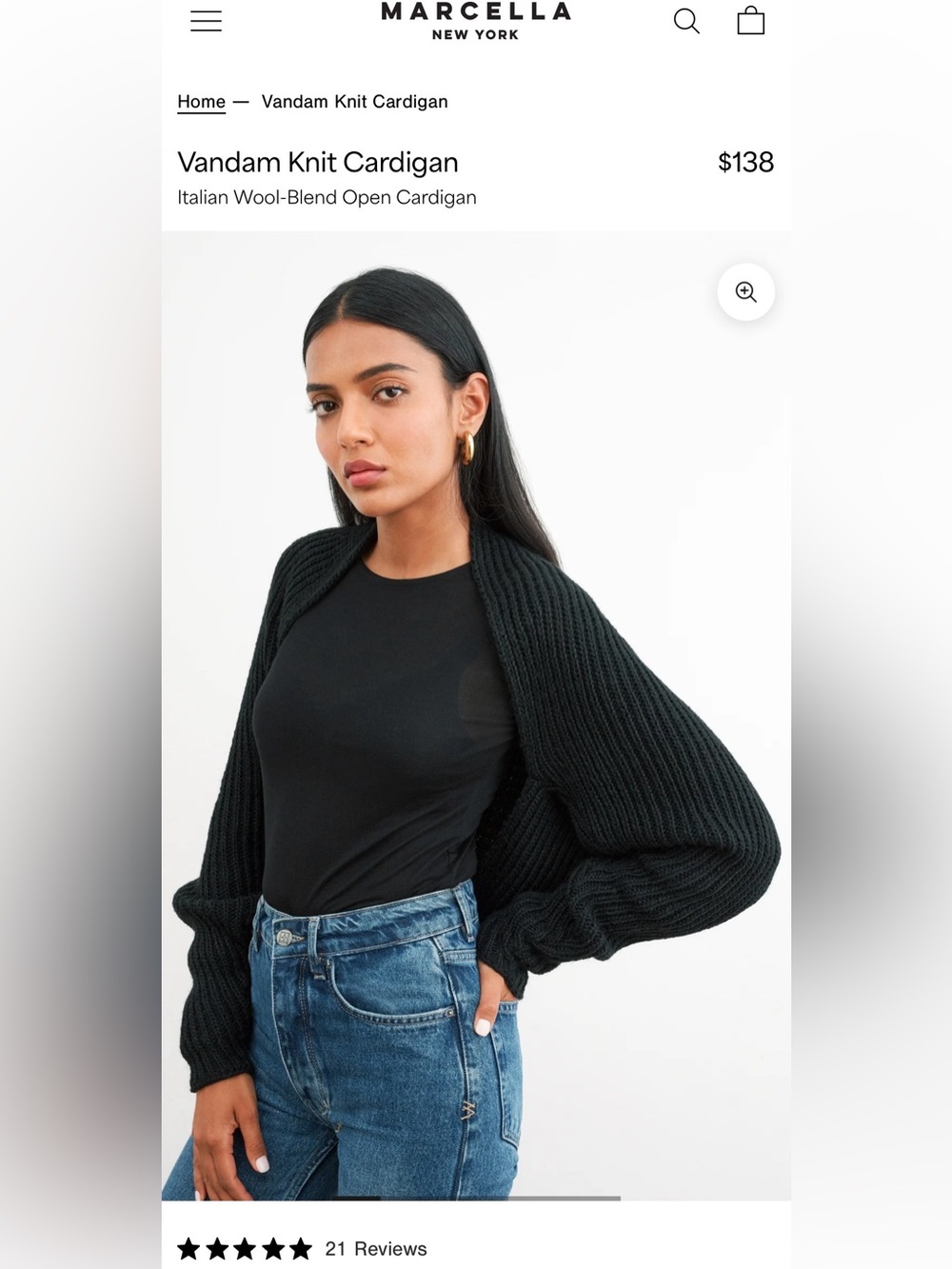 Marcella Vandam Italian Wool Black Ribbed Open-Front Bolero Style Cardigan